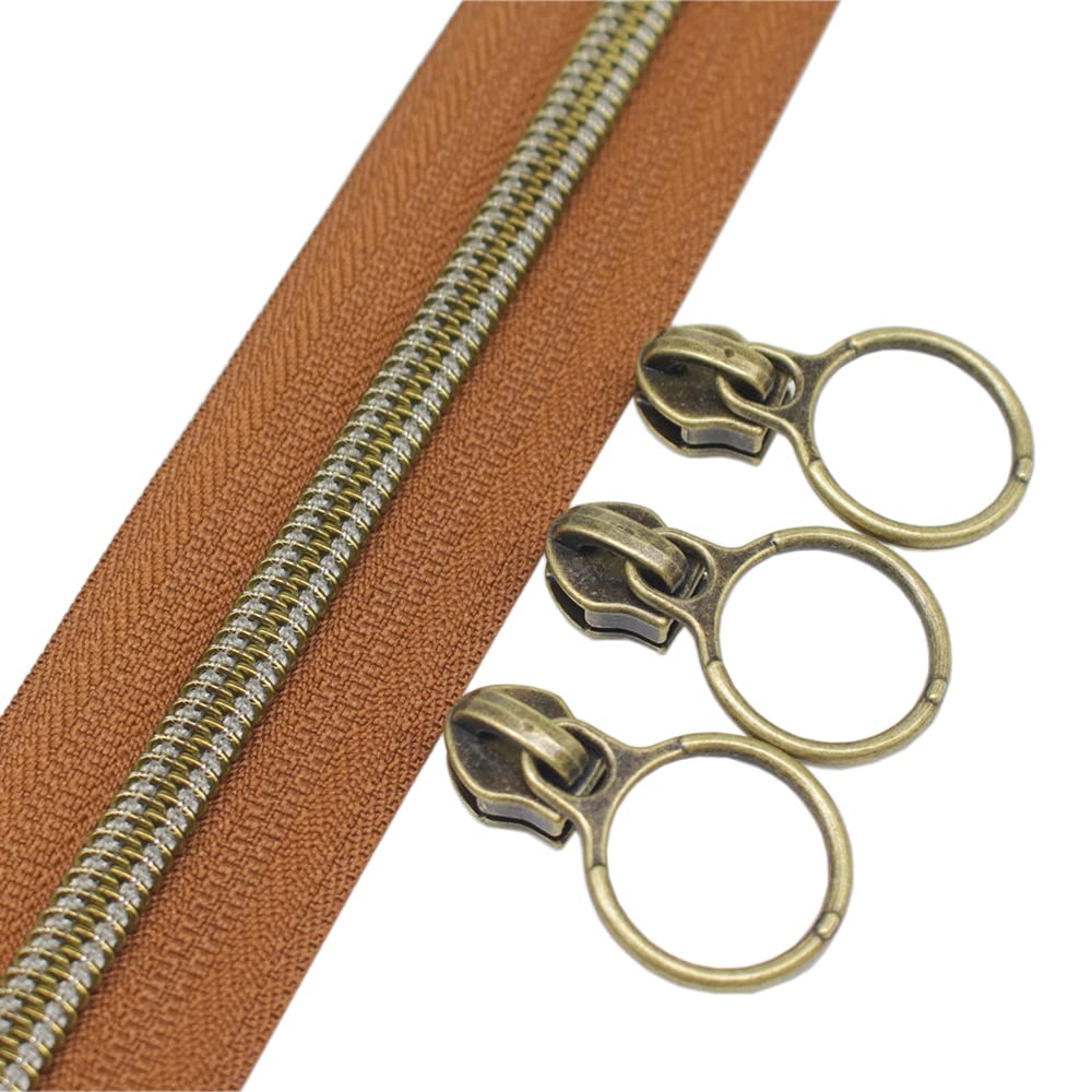 YaHoGa Antique Brass Nylon Coil Zipper, 9 Meters + 20pcs Sliders, Brown Tape for Sewing, Tailoring, Crafting Bags