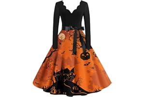 UDAUDU Women's Halloween Dress Long Sleeve Vintage Cocktail Flowy Swing Dress Ghost Pumpkin Printed Cosplay Party Costume