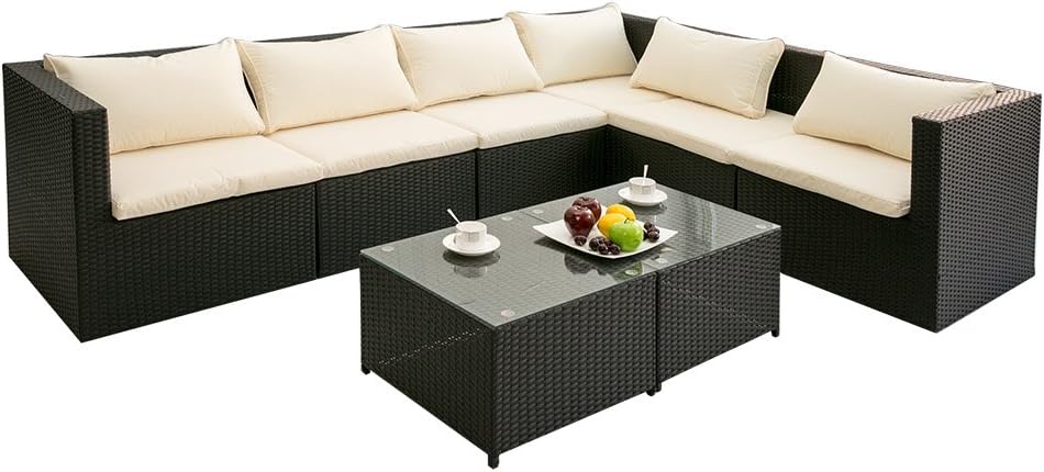 LIFE CARVER Garden Corner Sofa 6 Seater Rattan Sofa Set Garden Outdoor Rattan Furniture Set