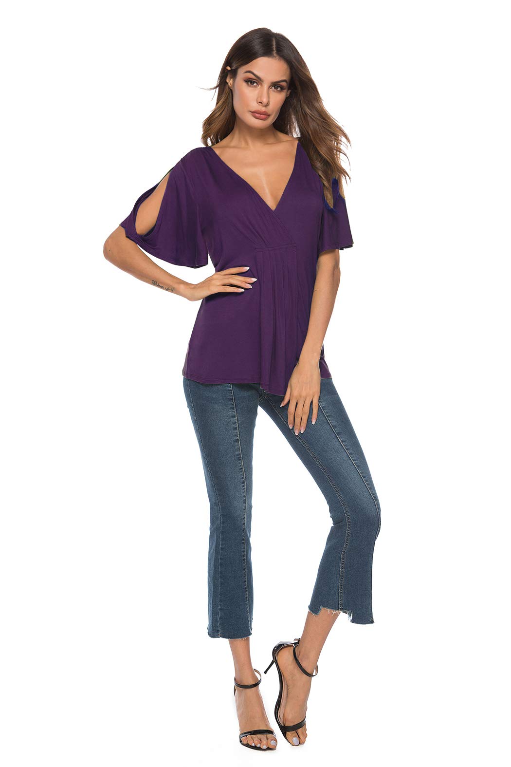 Eanklosco V Neck Shirts Womens Sexy Short Sleeve Cold Shoulder Tops Unique Ruffle Front Side Slit T Shirts (M, Purple)