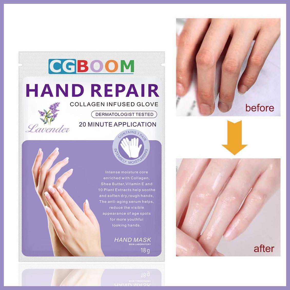 CGBOOM 5 Pairs Hand Masks Moisturizing Gloves, Hand Skin Repair Renew Mask Infused Collagen, Vitamins + Natural Plant Extracts for Dry, Aging, Cracked Hands (Lavender)