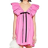 Women's Floral Bow V Neck Babydoll Mini Dress Flower Print Puffy Sleeve Boho Short Casual Loose Flowy Dresses