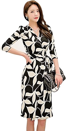 Amazon ワンピース ラップドレス ミディアムドレス 花柄 Vネック 結婚式 エレガント ひざ丈 K S ワンピース チュニック 通販