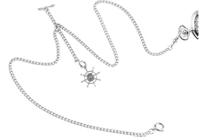 ManChDa Double Albert Chain Pocket Watch, Curb Link Chain 3 Hook Antique Plating Shield Design Fob T Bar for Men Silver with Rudder