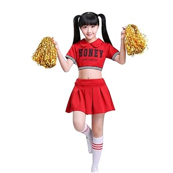LIUONEXI Kinder Mädchen Cheerleader Kostüm Minirock Uniform Bekleidung mit 2 Pompoms und Socks Karneval Fasching Party Hallow