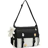 PRLINJSK Cute Messenger Bag for Teen Girls Women, Kawaii Crossbody Shoulder Purse with Pins and Stuffed Pendant Gift