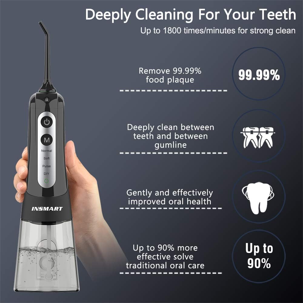 Cordless Water Flosser Teeth Cleaner, INSMART Professional 300ML Tank DIY Mode USB Rechargable Dental Oral Irrigator for Home and Travel, IPX7 Waterproof 3 Modes Water Flosser for Oral Care: Health & Personal Care