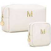 CLOUDWINGS Personalized Birthday Gifts for Women - Initial Makeup Bag Set Travel Toiletry Bag Cosmetic Bags Soft Waterproof PU Leather Makeup Pouch Travel Essentials (Beige,M)