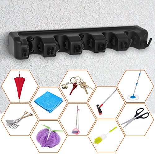 Auwey Mop Broom Holder Wall Mount with Hook Gripper Slot, Garden Storage Rack Mop Broom Handle Kitchen Storage Garage Garden Tools Commercial Organizer (5 Position 6 Hooks) - Thumbnail 4