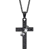 SephSmith Lord's Prayer Engraved Cross Pendant Necklace with Ring Stainless Steel Religious Jewelry for Men and Women, Faith-Inspired Gift