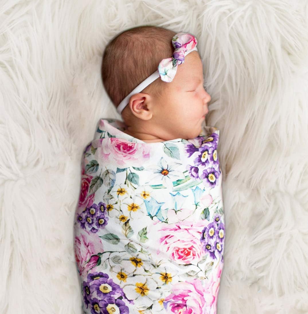 Honeyhug Baby Receiving Blanket Baby Swaddle Wrap Floral Printed Swaddle Headband Set