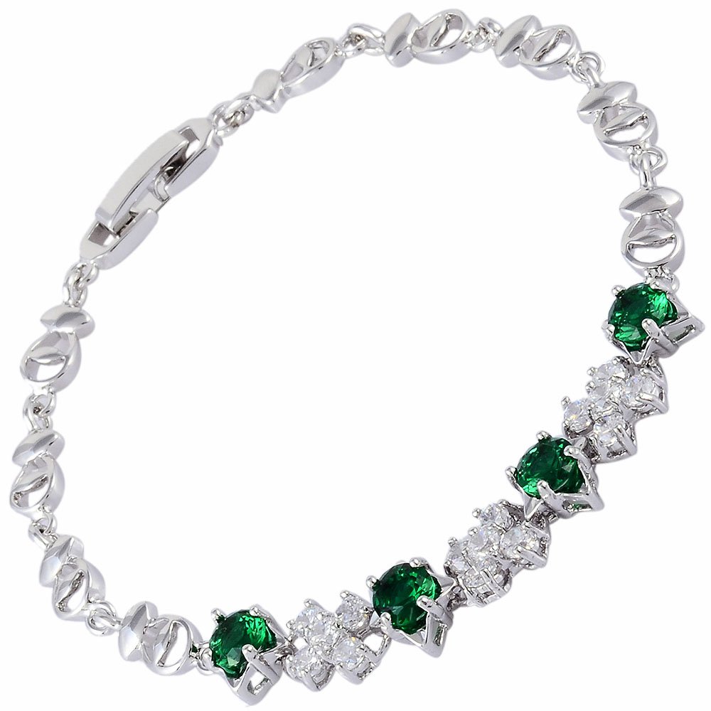 RIZILIA Tennis Bracelet [18cm/7inch] with Round Cut Gemstones CZ [Green Emerald] in 18K White Gold Plated, Simple Modern Elegance