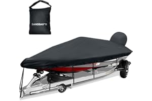 Caminor Boat Cover 16-18.5ft, Bass Tracker Boat Cover with Sand Bag Mooring Kit, 1200D Marine Canvas Waterproof Heavy Duty Boat Covers for 16 feet 17ft 18' Foot V Hull Bass & Runabout Boat,Black