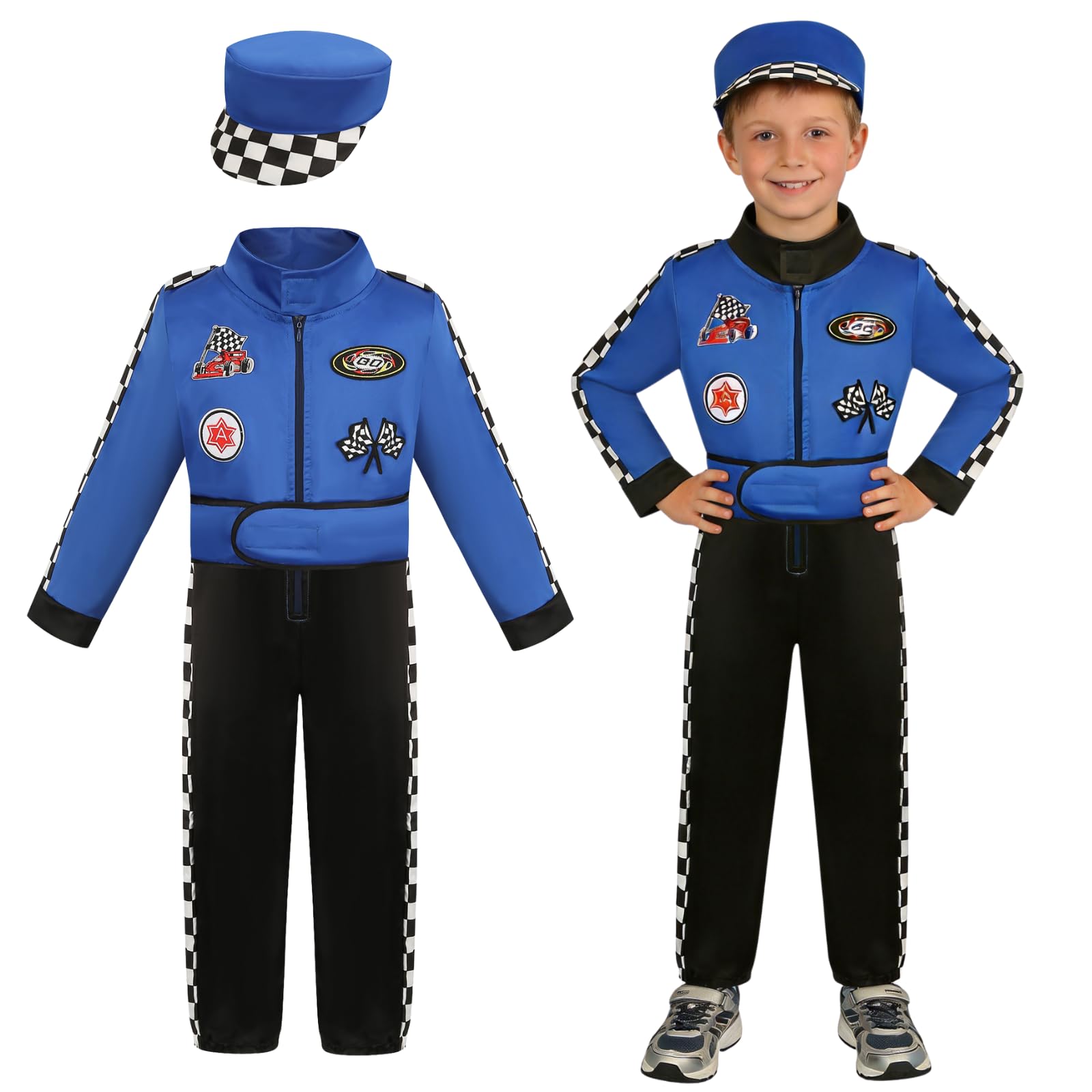 maxToonrain Deluxe Racing Driver Costume with Hat Kids F1 Driver Outfit for Halloween Role Play Christmas World Book Day (Blue,5-6 Y)