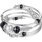 PEARL&CLUB Bead Crystal Wrap Bangle Bracelet - Fashion Jewelry Beaded Bracelet with Silver Metal, Gifts for Women
