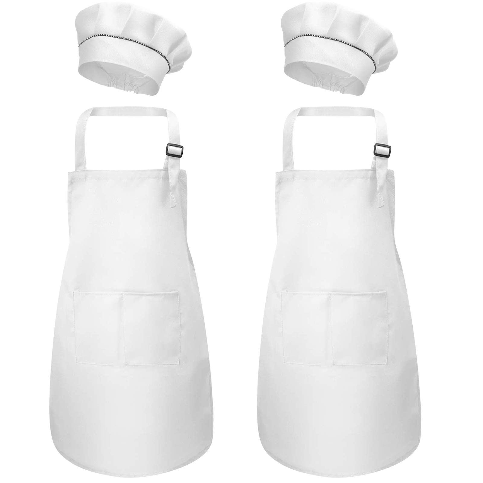 4 Pcs White Kids Apron and Chef Hat Set, Adjustable Children Aprons with Pockets for Boys Girls, Kitchen Garden Bib Aprons, Toddler Chef Apron for Baking Cooking Crafting Painting (M for 3-6 Age)