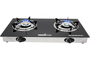 RegiisCook Double Burner Propane Gas Cooktop,Camping Portable LPG Gas Stove, Auto Ignition Tempered Glass Countertop with regulator for Outdoor Kitchen,Camping,RV