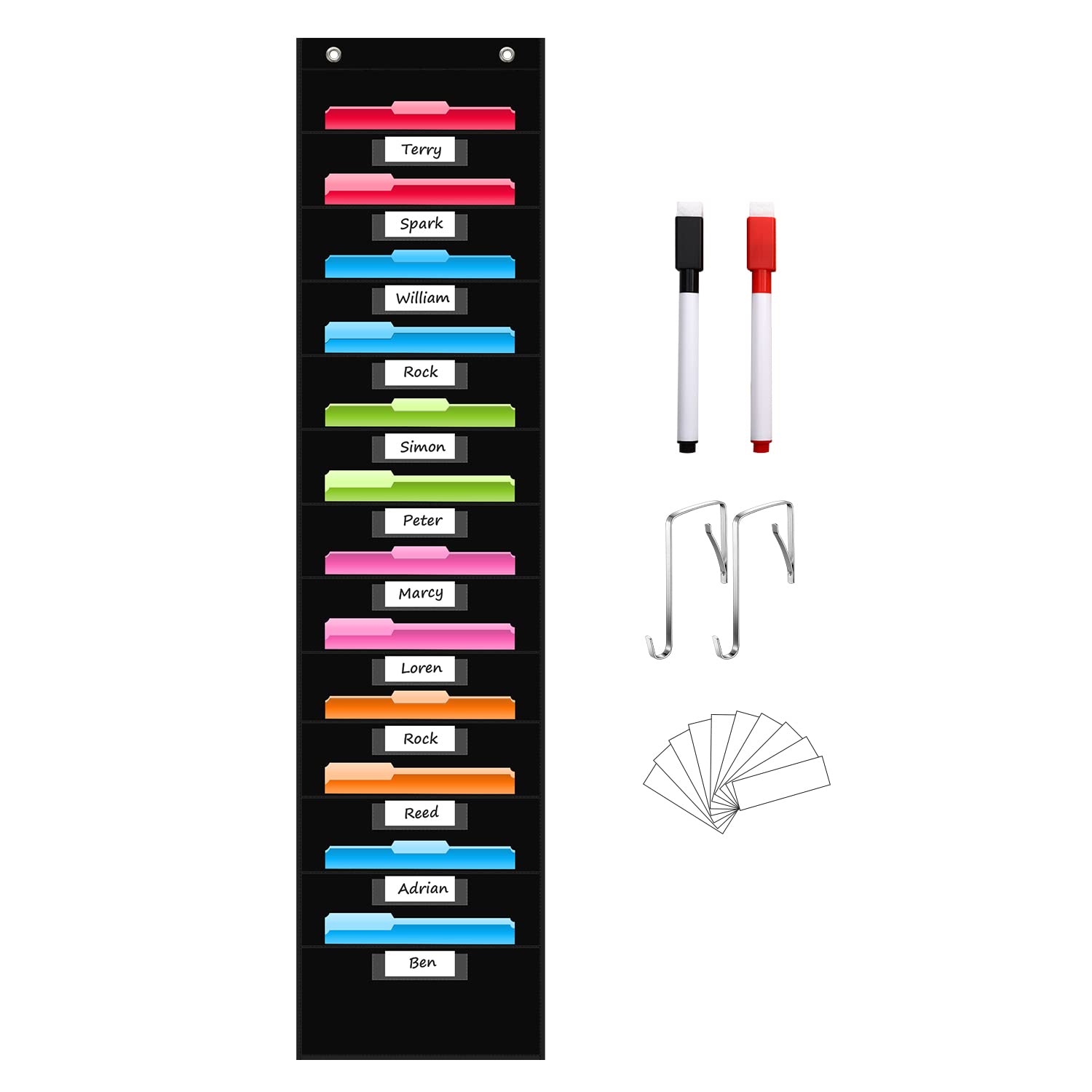 Photo 1 of REGELETO 12 Pockets Storage Pocket Chart with 12 Nametag Pockets,Hanging Wall File Organizer for Classroom and Office, Organize Your Assignments, Files, Scrapbooks, Paper (Black)