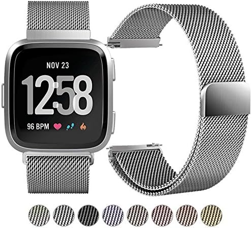 Akale For Fitbit Versa Bands for Men Women Small Large, Milanese Stainless Steel Metal Replacement Band with Unique Magnet Lock Accessories Wristbands for Fitbit Versa Smart Watch, Silver Small