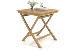 Tangkula 27.5 Inch Patio Bistro Table, Teak Wood Square Table with Slatted Tabletop, Sturdy Wood Frame & Thickened Top, Teak 