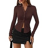 PRETTYGARDEN Womens Button Down Shirts V Neck Collared Ruched Slim Fit Long Sleeve Shirt Casual Spring Fashion Ladies Tops