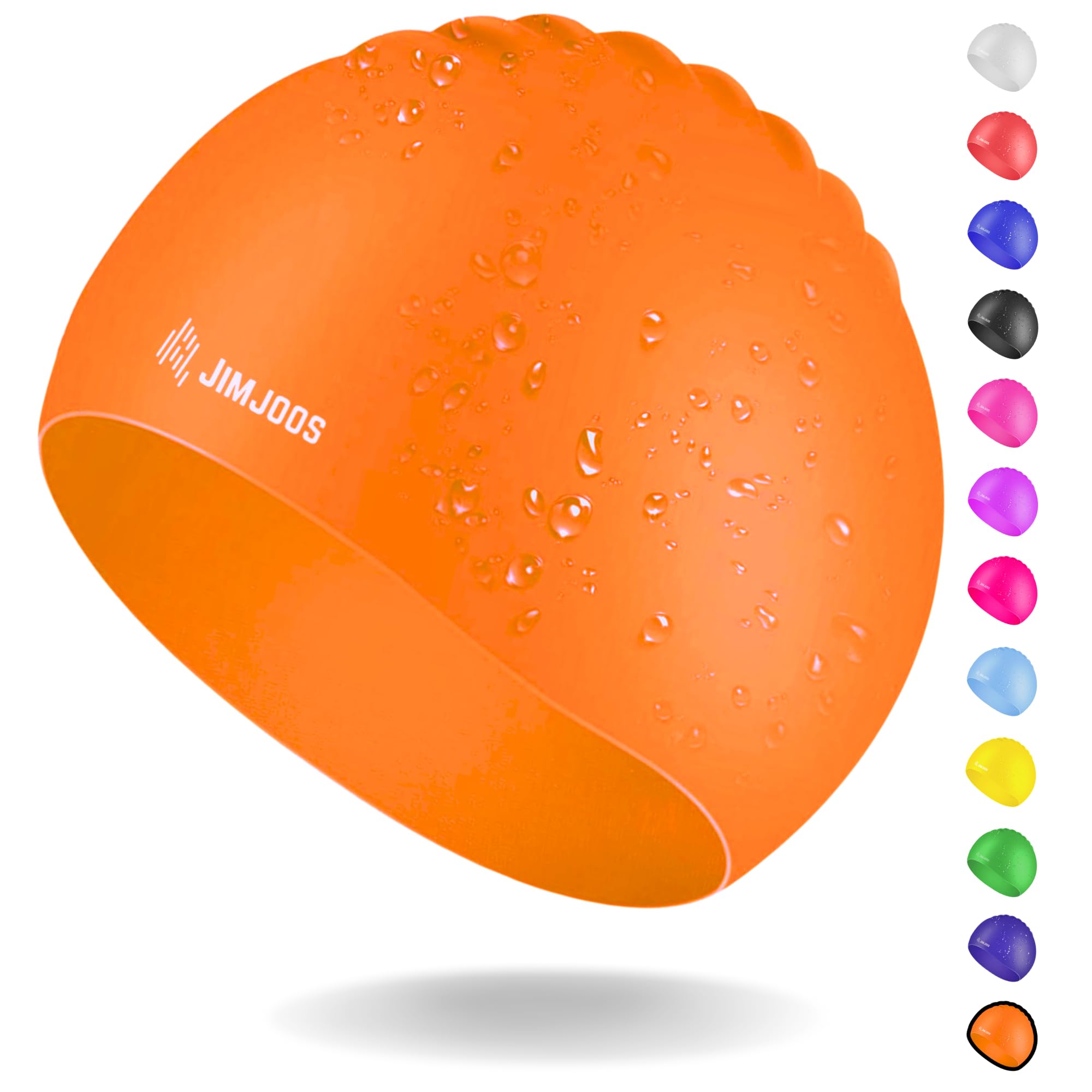 JIMJOOS Kids Swimming Cap 3–14 Years - Silicone Swim Cap for Boys & Girls - Anti-Slip, Stretchable, Waterproof Swimming Hat - Durable, Odour-Free Swim Hat with Protective Pouch (ORANGE, 3-8 Years) — image 1