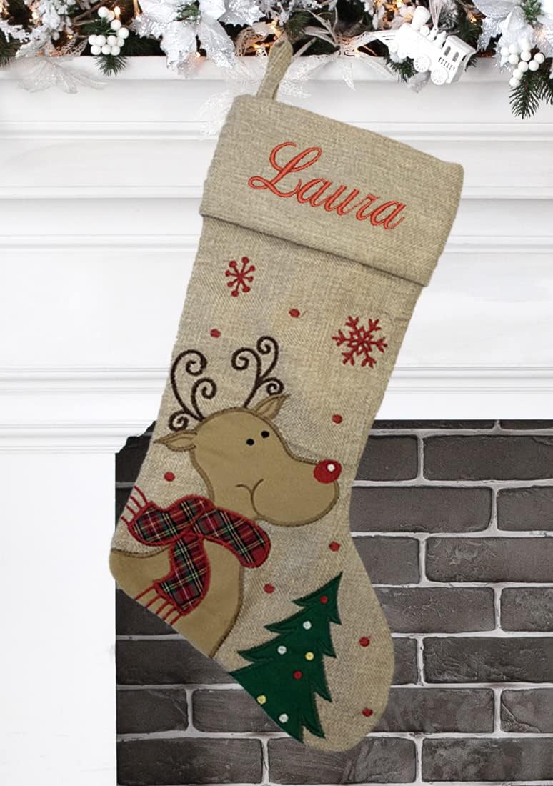 Stockings & Holders - Personalized Christmas Stocking - Modern Reindeer Design - Embroidered Name - Large 18.5inch, Beige Color, Family Holiday Season Décor