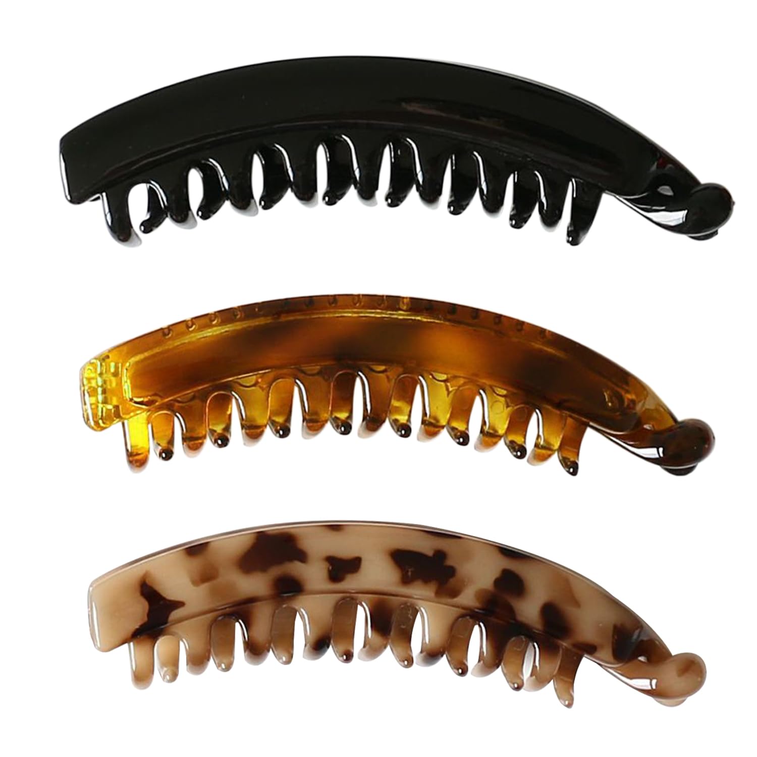 Banana Hair Clips - 3 Pieces, Half-Moon, Colorful, Non-slip (Black, Tortoise Shell, Cream Amber)