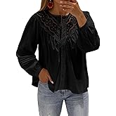 Tankaneo Womens Lace Button Down Shirts Puff Long Sleeve Babydoll Blouses Dressy Casual Crew Neck Pleated Loose Fit Tops