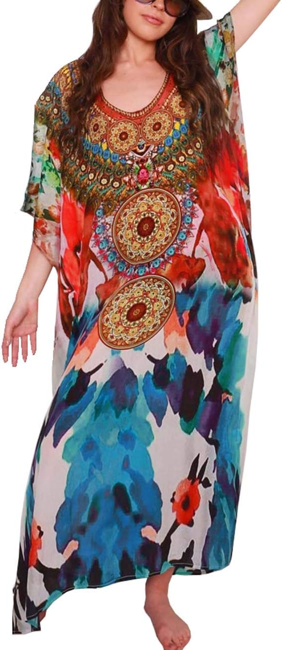Chiffon Maxi Bikini Sexy Cover Ups Swimsuit Rhinestone Print Kaftan Beach Dress Robe (399)