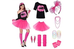 DreamJ 80s Outfit for Women Party 80s Costume Accessories Set With T-shirt Tutu Skirt Halloween Party Cosplay 80s Outfits