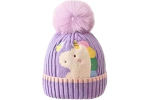 Baifeier Knit Unicorn Beanie Hats for Girls Winter Hats with Pom Pom for Kids Girls Unicorn Beanie Purple