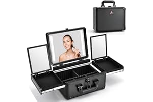 Faquenc Travel Makeup Case With LED Mirror, Makeup Train Case with Light up Mirror, Artist Portable Makeup Organizer Bag with Adjustable Dividers, Fold-out Trays for Jewelry Storage, Black