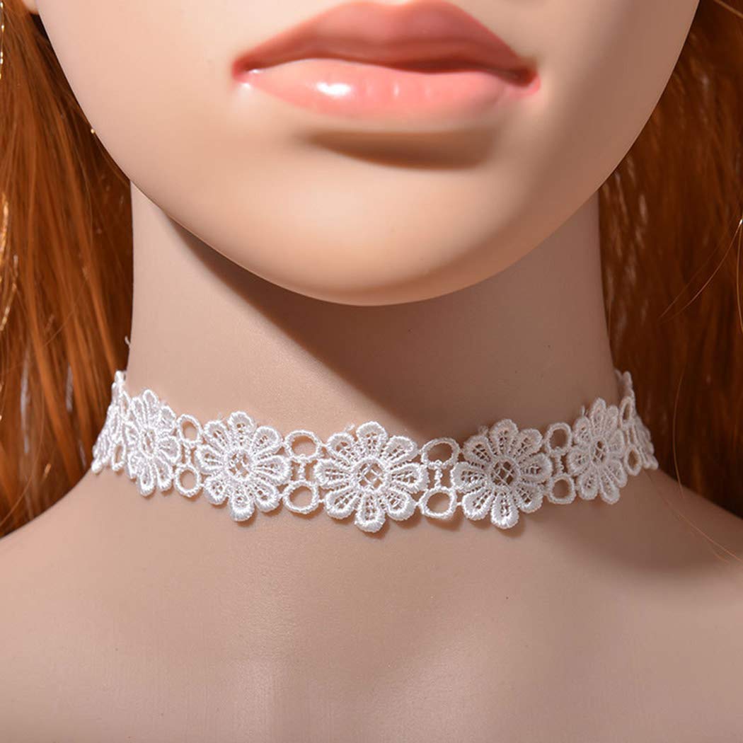 TseenYi Gothic Tattoo Choker Necklace Stretch White Lace Applique Crocheted Necklace Chain Vintage Flower Pattern Collar Necklace Jewelry for Women and Girls (White)