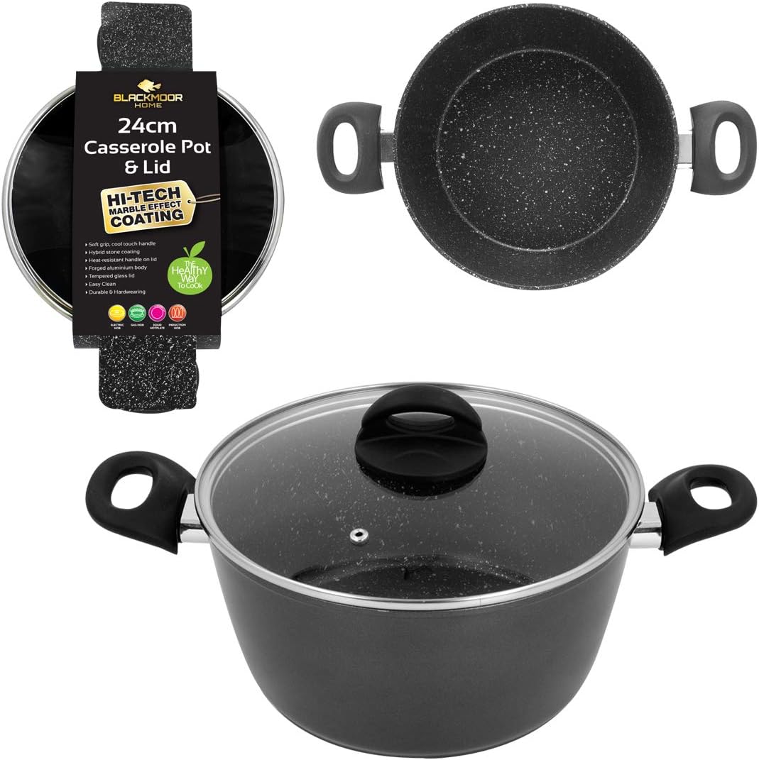 Blackmoor 66130 Classic 24cm Stock Pot with Tempered Glass Lid / 5-Litre Capacity/Non-Stick Coating/Cool Touch Handles/Suitable for Induction Gas & Electric Hobs/Black Colour
