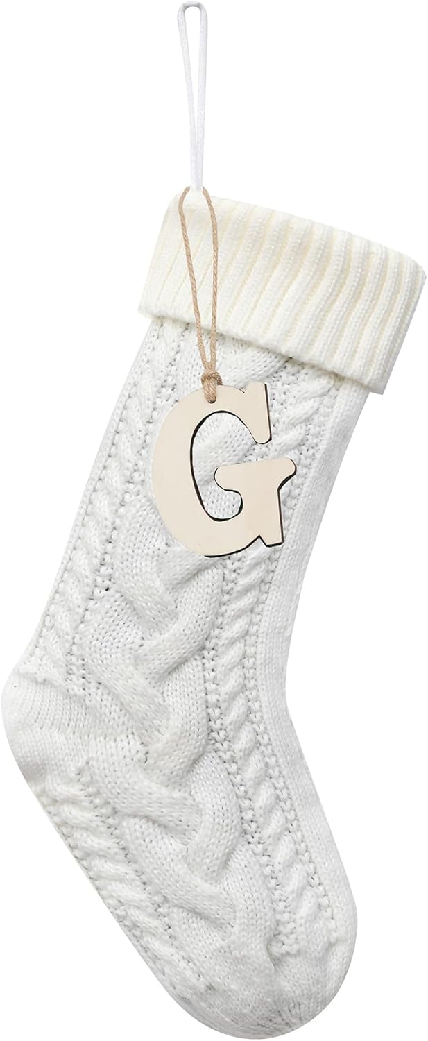 Stockings & Holders - Sxmder 19 Inches Personalized White Cable Knitted Christmas Stockings, Large Knitted Christmas Stockings with Wooden Letter Tag for Holiday Christmas Party Family Decor (Letter G)