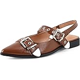 PODAIK Women's Buckle Ballet Flats Pointed Closed Toe Slingback Shoes with Low Heel Comfortable Dress Flats