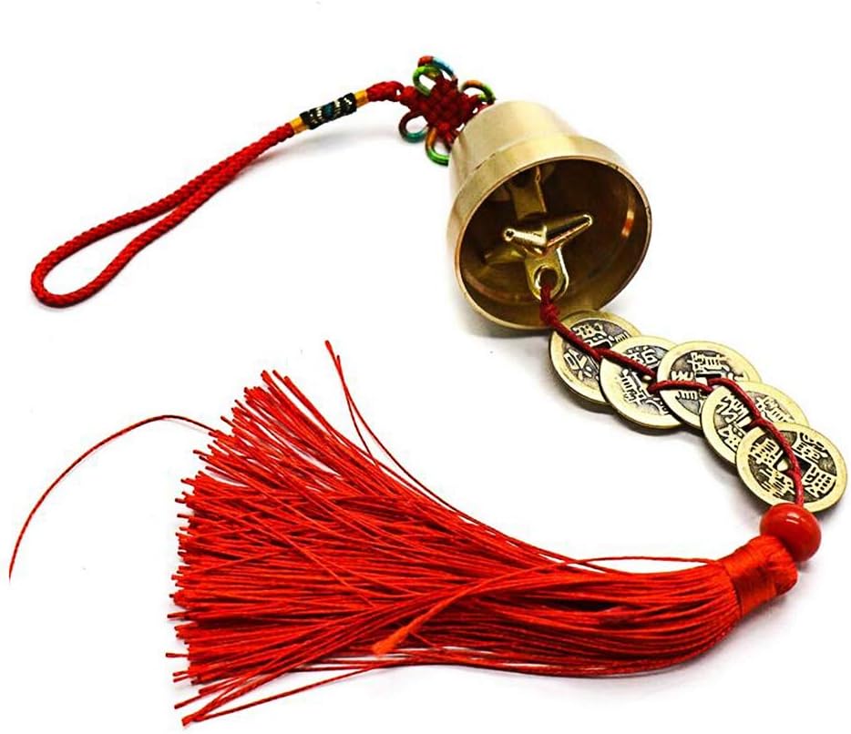 Feng Shui Good Luck,Protection Hanging Bell with Five Emperor Coins Home Car Crafts Hanging Decoration W A Black Bag (15.7")