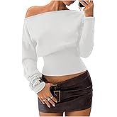 GORGLITTER Women's Off The Shoulder Cropped Sweater Cozy Long Sleeve Fall Winter Cinched Waist Knit Going Out Pullover Top