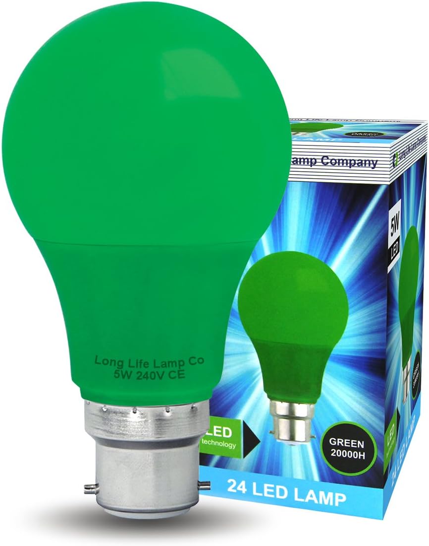 Bright 5w LED Coloured GLS Light Bulb Green B22 Cap Fitting