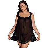 OYOANGLE Women's Plus Size Lace Sheer Chemise Nightgown and Thongs 2 Piece Lace Babydoll Lingerie Set