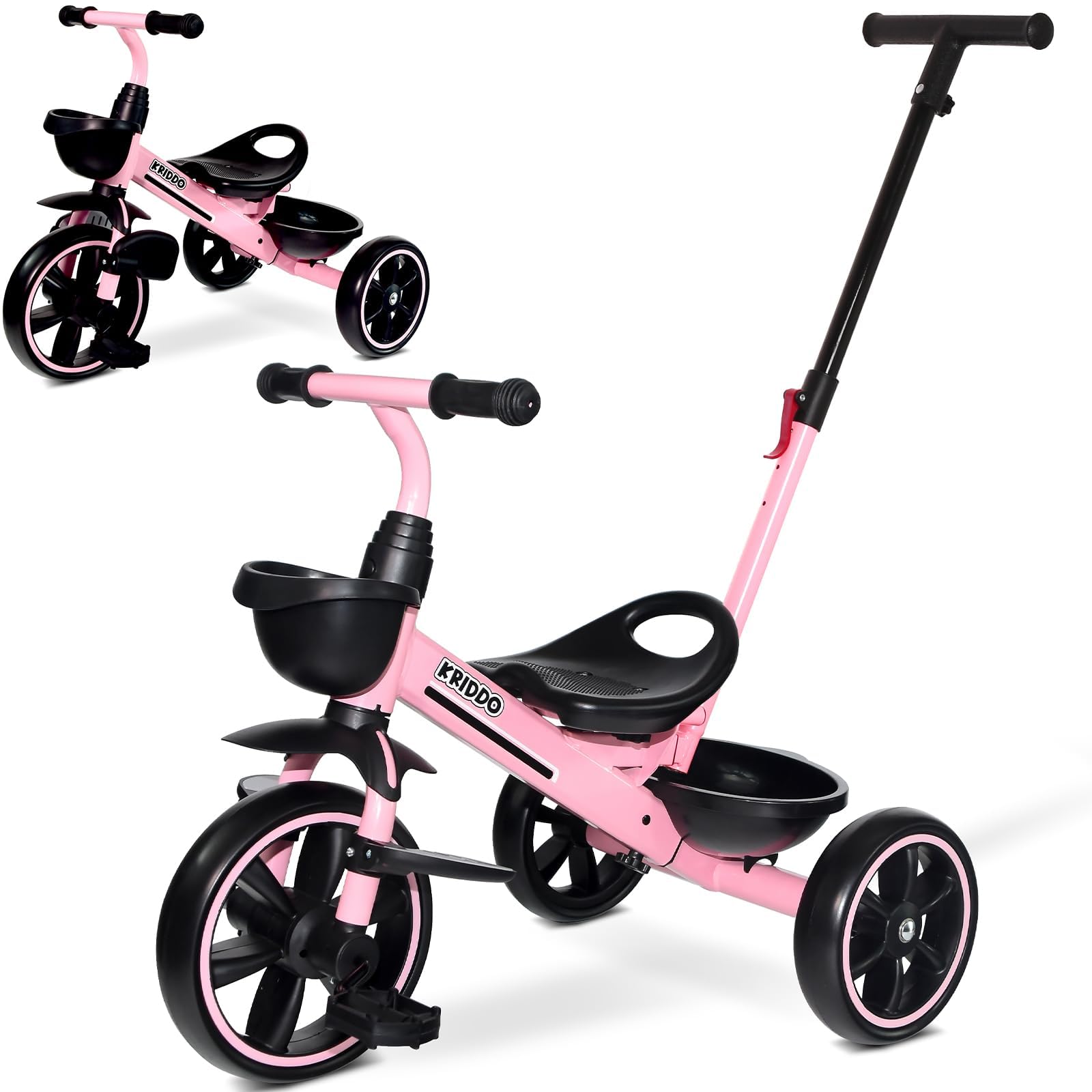 Photo 1 of KRIDDO 2-in-1 Toddler Tricycle for Ages 18 Months to 5 Years Old - Extended Push Handle for Effortless Push, Gift Trike for Toddler 3 to 5 Year, Kids Tricycle with Foldable Front Footrest, Pink