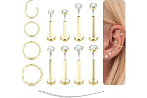 14K Gold Plated Flat Back Earrings - 16G/18G 316L Surgical Steel Internal Thread CZ Stud Piercing Jewelry for Tragus Helix Ca