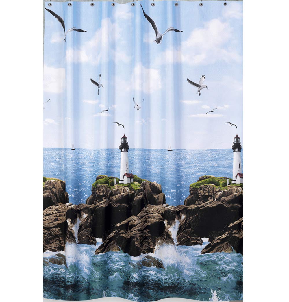 EDLER Textil Duschvorhang 220 x 200 cm "Leuchtturm am Meer" Blau Weiss