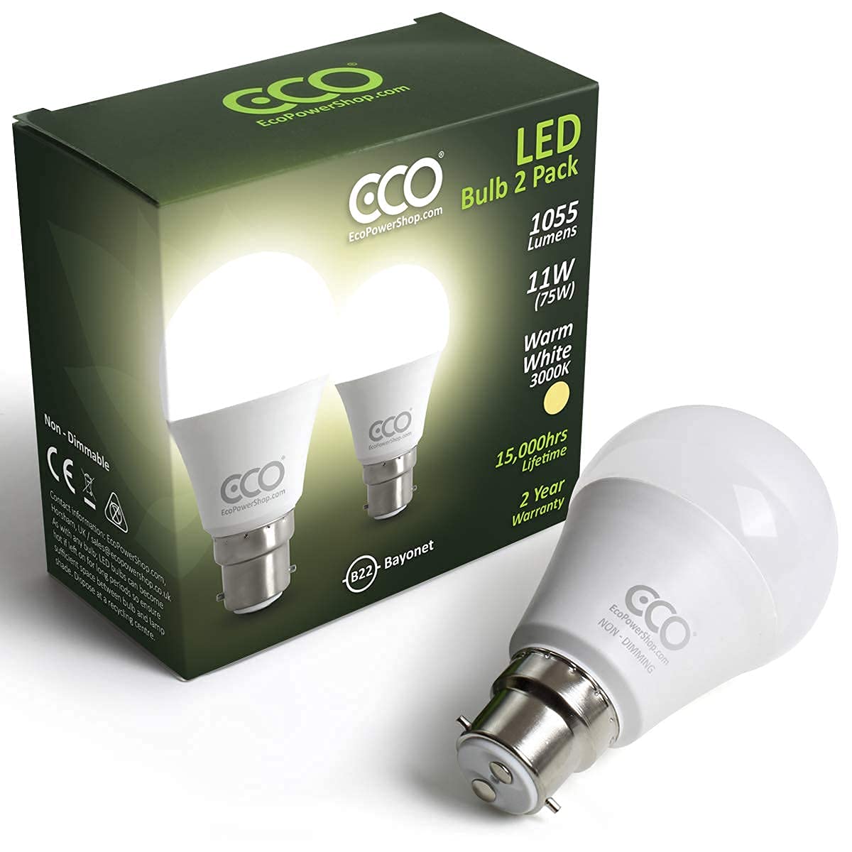 ECO 2 pin B22 Bayonet Light Bulbs, Energy Saving 11W LED, 1055 Lumens, 75W Equivalent, Soft Warm White (3000K), 15,000Hrs Lifetime. 2X Pack - Pack of 2 LED Light Bulbs.
