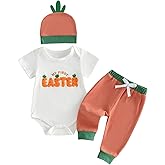 Lamuusaa Newborn Baby Boy Easter Outfit Short Sleeve My First Easter Romper Carrot Onesie Long Pants Hat 3Pcs Summer Clothes