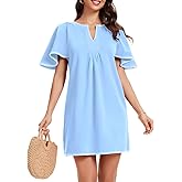 HOULENGS Women's Summer Flutter Short Sleeve A Line Mini Dress Casual Contrast Trim V Neck Short Dress with Pockets Blue Large