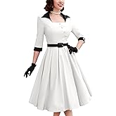 MUXXN Women's 50s Retro Casual Swing Midi Dress 3/4 Sleeve Square A Line Neck Vintage Cocktail Wedding Guest Bodycon Prom