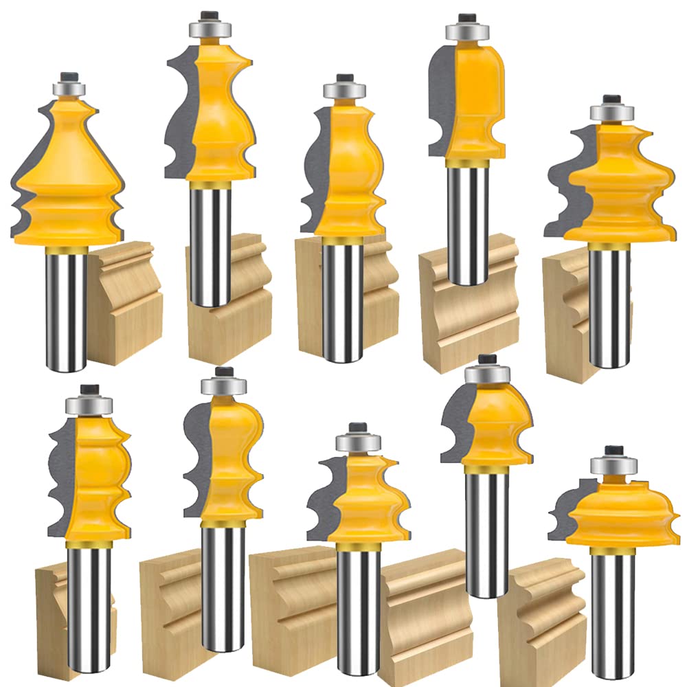 TAIWAIN 1/2 Inch Shank Router Bit 10PCS Elegant Picture Frame Molding Woodworking Tool, Architectural Forming Milling Cutter Bits, Wood Miter Carbide CNC Cutting Tool(F-1-2XT10)