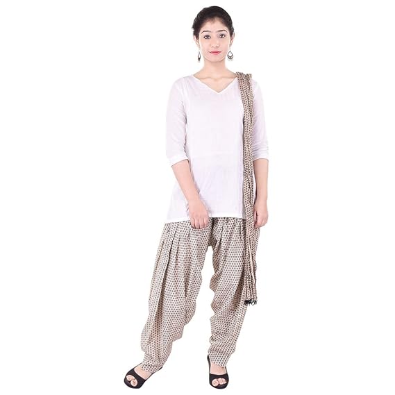 Beautiful Beige Printed Cotton Patiala and Dupatta set